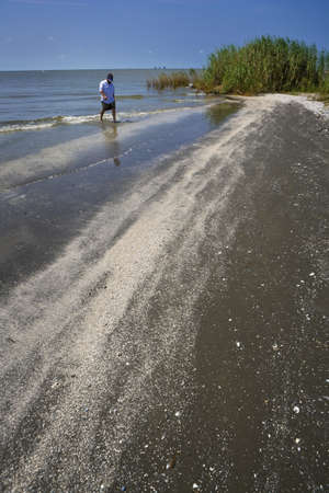 Walking a Remote Beach with Oil Rigs on Horizon