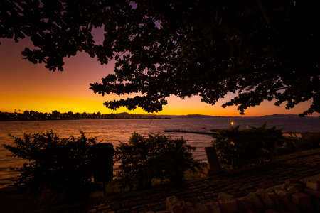 bay at sunset with HercÃ­lio Luz bridge in the background, in FlorianÃ³polis, Santa Catarina,...