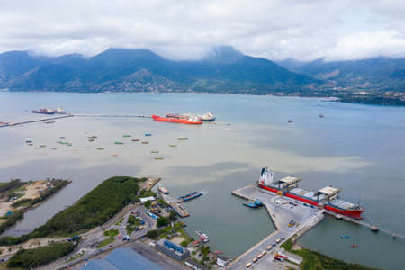 ships in the port of Sao Sebastiao, Sao Paulo, Brazil, seen from aboveの写真素材