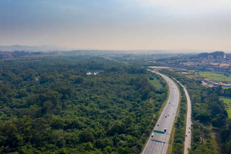 Ayrton Senna highway next to the Tiete ecological park in Sao Paulo, Brazil, seen from above