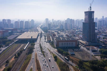 Aerial view of Avenida Radial Leste, TatuapÃ© train and subway station, in the district of TatuapÃ©, in the eastern region of the city of Sao Paulo, Brazilの写真素材