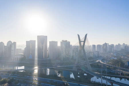 cable-stayed bridge over the Pinheiros River, sunrise in SÃ£o Paulo, Brazilの写真素材