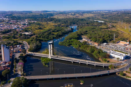 cable-stayed bridge over the Tiete river seen from the top in Salto, Sao Paulo, Brazil,の写真素材