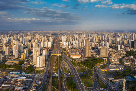 entrance to the Tatuape neighborhood, at sunset, Sao Paulo, Brazil, seen from aboveの写真素材