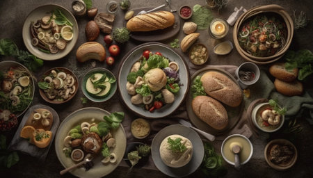 Healthy plant based organic food on the table. Food styling and restaurant meal serving concept.の素材