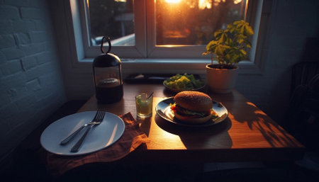 Plant based healthy hamburger on a black plate with cutlery set on a wooden table next to the window with the sun setting outsideの素材