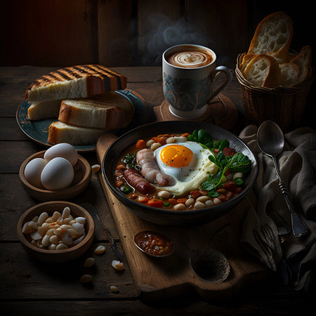 Breakfast with a cup of hot coffee, beans, sausages, sourdough bread slices, boiled eggs and a fried egg on a rustic wooden tableの素材