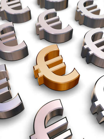 A single golden Euro symbol surrounded by many chrome-plated Euro symbols (3D rendering)の写真素材