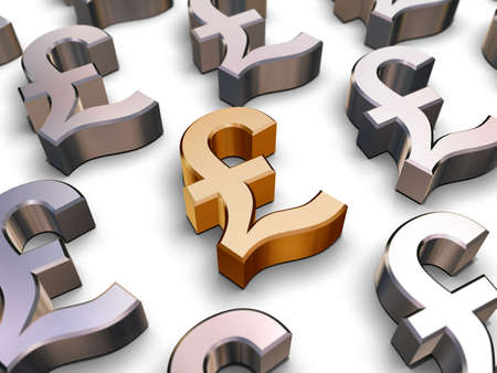 A single golden Sterling Pound symbol surrounded by many chrome-plated British Pound symbols (3D rendering)の写真素材