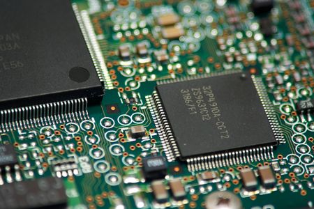 Close up view of hard drive electronicsの写真素材