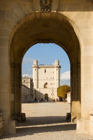 The main entrance tower of the Vincennes castle (14th century) near Paris, Franceの写真素材