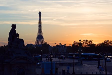 Silhouette of the Eiffel tower at sunset - Paris, Franceの写真素材