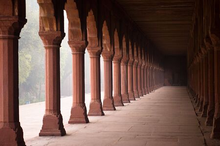 Entrance corridor to the Taj Mahal in the early morning fog - Agra, Uttar Pradesh, Indiaの写真素材