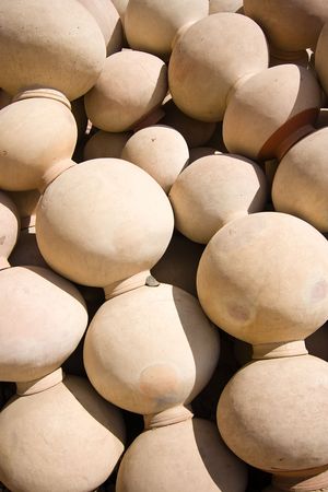 Stack of potteries waiting to be delivered - Jaisalmer, Rajasthan, Indiaの写真素材