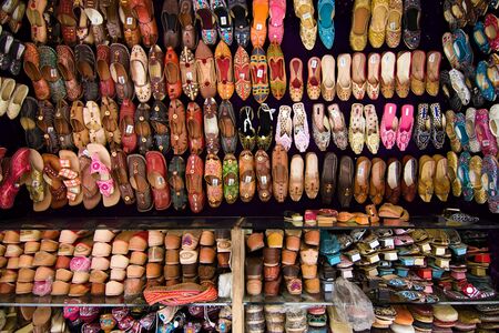 Stall of an indian leather slippers shop - Jodhpur, Rajasthan, Indiaの写真素材