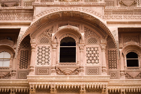 A carved sandstone window frame at the Meherangarh fort - Jodhpur, Rajasthan, Indiaの写真素材