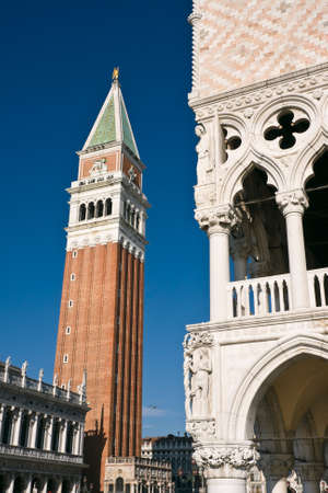 Campanile bell tower and architecture detail of Palazzo Ducale (Doges Palace) - Venice, Venezia, Italy, Europeのeditorial素材