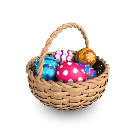 Decorated easter eggs in a basket (3D render)の写真素材