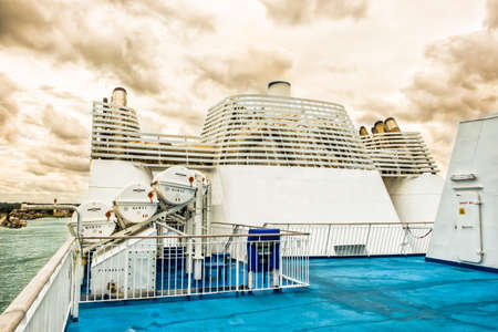 Ouistreham, France, Sept 2017, funnels on a ferry moored at the port ready to depart for Englandのeditorial素材