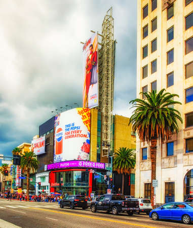 Los Angeles, California, March 2019, urban scene by the corner of Hollywood Blvd & Highland Av