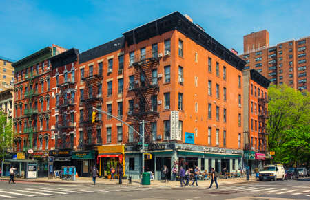 New York City, USA, May 2018, urban scene at the corner of the First Avenue and First Street in the East Village, Manhattanのeditorial素材