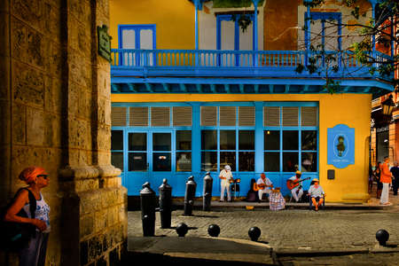 Havana, Cuba, July 2019, view of a Cuban band in front of the "Merceria La Munequita Azul' a shop in the heart of the old and most touristic part of the cityのeditorial素材