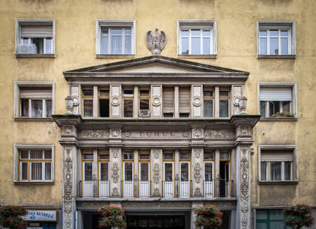 Budapest, Hungary, Aug 2019, view of part of the facade of theTurul Apartment buildingの写真素材