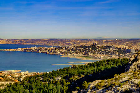 Marseilles coast seeing from the top of  Marseilleveyre mountain in the Calanques National Park, Franceの写真素材