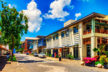 Grand Cayman, Cayman Islands, April 2018, Market street in Camana Bay a modern waterfront town in the Caribbeanの写真素材