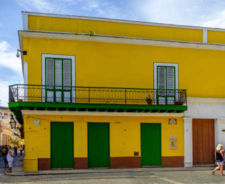 Havana, Cuba, July 2019, view of a colourful building in the Calle Obispo a street in the heart of the old and most touristic part of the cityの写真素材