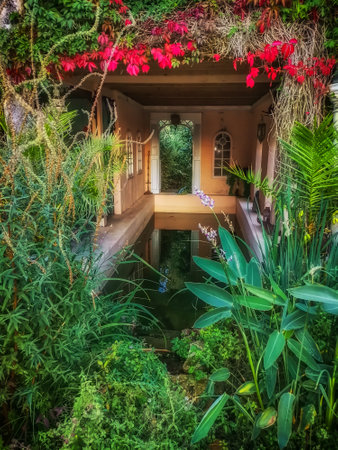Paimpont, France, Sept 2020, view of a indoor garden with pondの写真素材