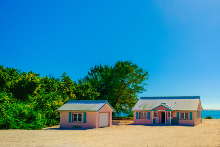 Little Cayman, Cayman Islands, Nov 2018, two pink Caribbean-Style houses on South Hole Soundのeditorial素材