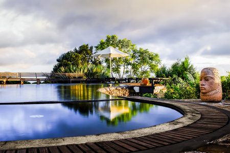 The Blue Mountains, Jamaica, Dec 2018, Strawberry Hill Hotel swimming pool at sunsetのeditorial素材