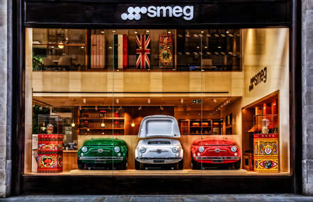 London, U.K, March 2019, three cars displayed in a Smeg window shop by Regent St