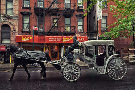 New York City, USA, May 2019, horse drawn carriage driving through a street of Hell's Kitchen in...
