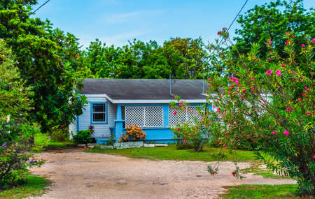 Grand Cayman, Cayman Islands, July 2020, view of a purple house in George Townの写真素材