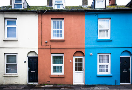 East Sussex, United Kingdom, Sept 2022, view of multicolored terraced house in the medieval town of Ryeの写真素材