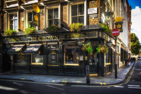 London, UK, Sept 2022, view of The Crown facade, a pub in Soho at the corner of Brewer and Lower James streetの写真素材