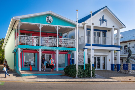 Grand Cayman, Cayman Islands, Jan 2023, view of 3 Girls and a Kiln and Guy Harvey buildings in George Townの写真素材