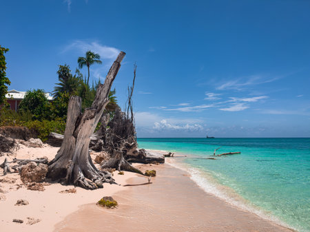 Dead trees on Seven Mile Beach by the Caribbean Sea, Grand Cayman, Cayman Islandsの写真素材
