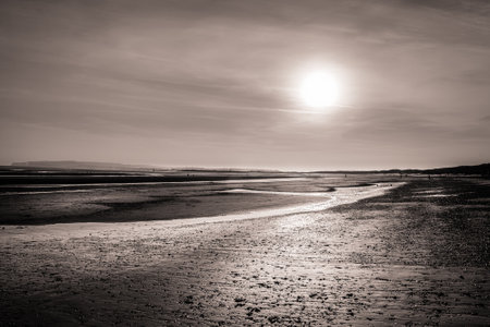 Sunset over Camber Sands beach at low tide, East Sussex, Englandの写真素材