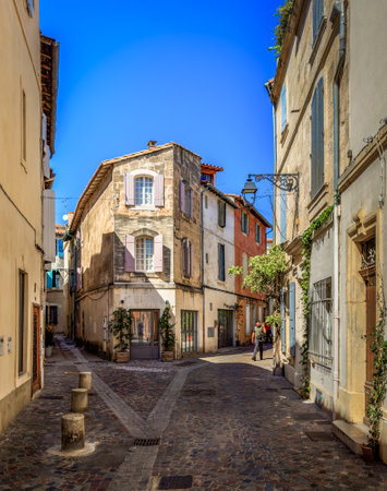 Arles, France, Sept 9th, 2023, view of Jean Granaud street in an antique Roman town of Camargueの写真素材
