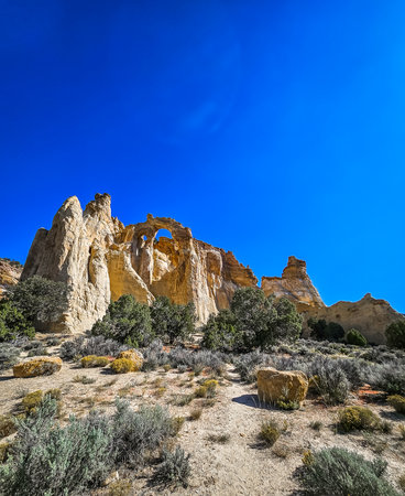 View of Grosvenor Arch, a sandstone formation in the Grand Staircase-Escalante National Monumentの写真素材