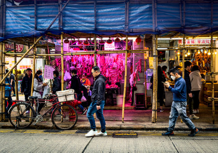 Hong Kong, Hong Kong Island, Jan 29th 2024, view of an urban scene by a market in the Wan Chai districtの写真素材
