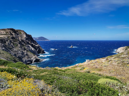 View of La Revellata Peninsula on l'le-Rousse by the Mediterranean Seaの写真素材