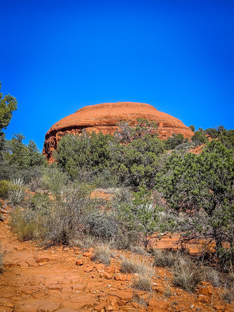 View of Spaceship Rock, a rock formation on the Courthouse Loop Butte Trail, in Coconino National Forest, Arizonaの写真素材