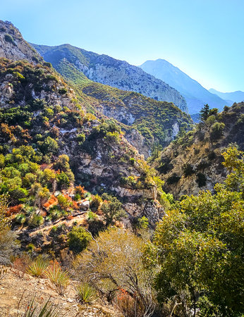 View of the San Gabriel Mountains at Switzer Falls from the Gabrielino Trail in the Los Angeles County.の写真素材