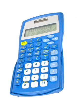 Blue calculator isolated on white backgroundの写真素材