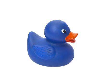 Blue rubber ducky isolated on white backgroundの写真素材