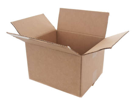 Cardboard open box 3/4 view on pure white background